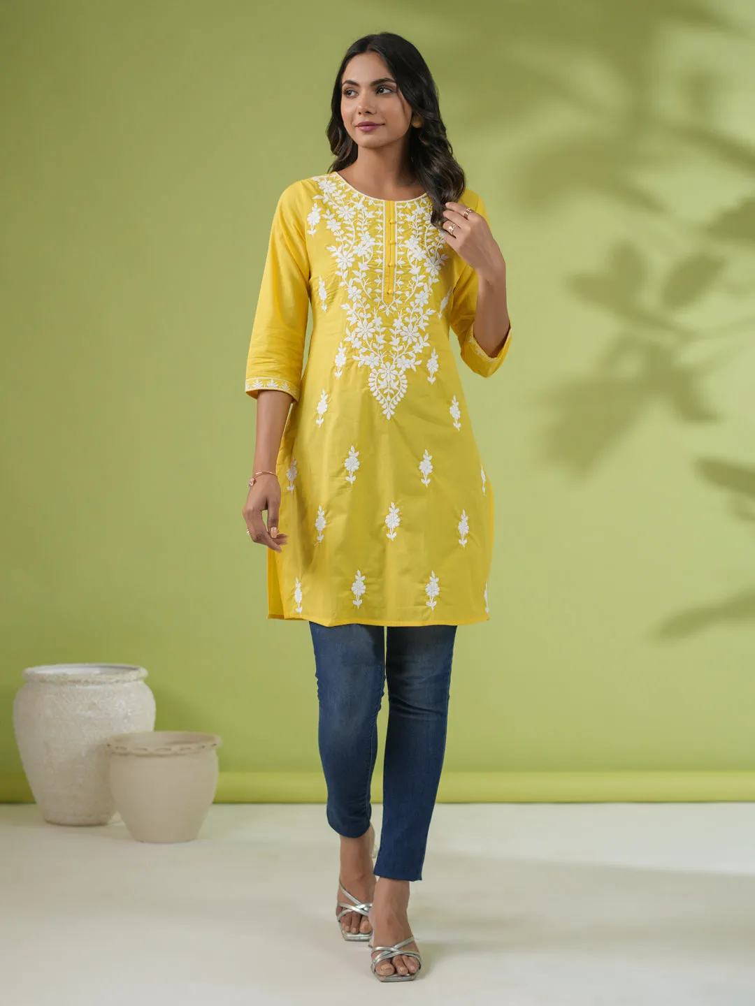 Yellow Cotton Chikankari Tunic