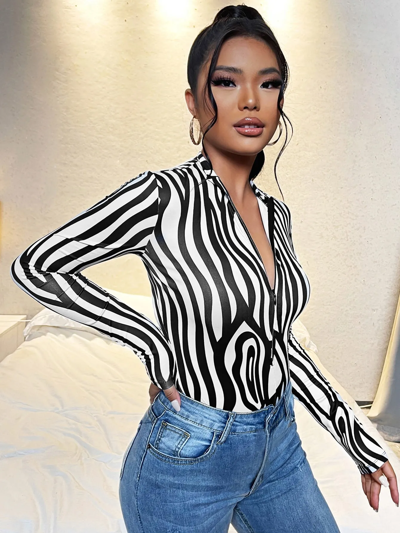 Zipper Front Zebra Striped Tee Bodysuit